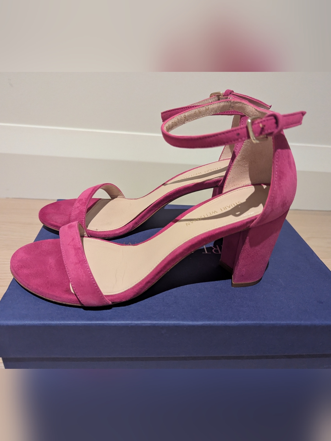 Stuart Weitzman Raspberry Suede Block Heel Ankle-Strap Sandals